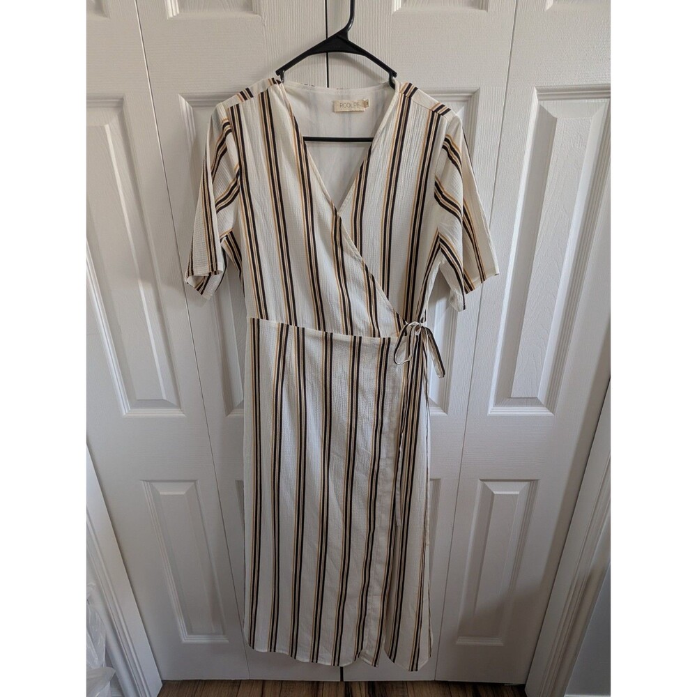 Roolee Womens Medium Striped Wrap Midi Dress Short Sleeve Cream Yellow Black Tie